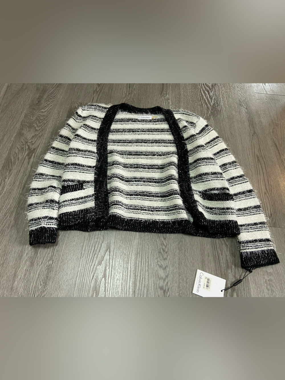 Calvin Klein Black and White Striped Women's Cardigan Sweater